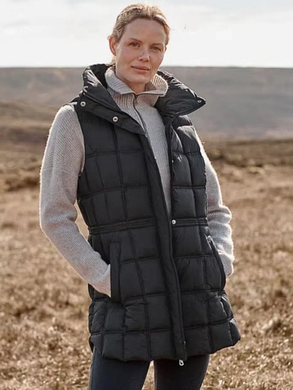 Long Recycled Box Quilted Vest Olive Color (Large)